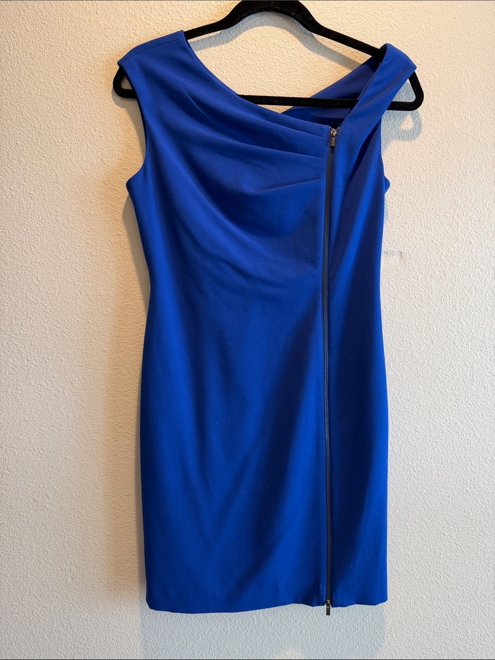 Calvin Klein One-Shoulder Royal Blue Sheath Dress with Front Zip